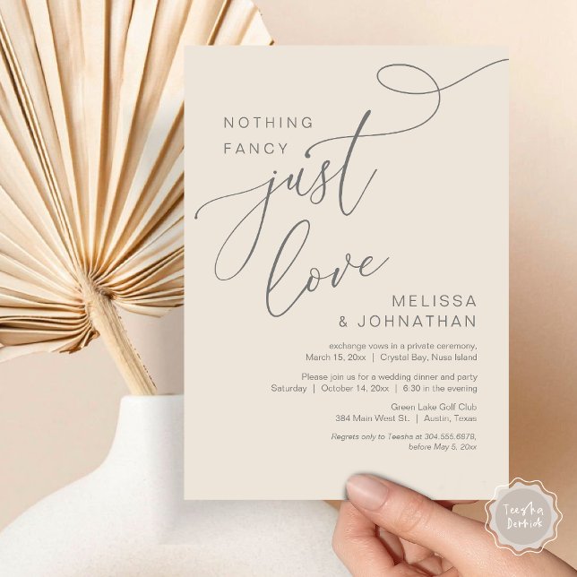 Convite Nada de Rico, apenas amor, Janto romântico de casa (Nothing Fancy, Just Love, Wedding Elopement Dinner Invitation Card, PDF, Modern Romantic, Grey Cream)