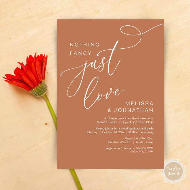 Convite Nada de Rico, apenas amor, Janto romântico de casa (Nothing Fancy, Just Love, Romantic Wedding Elopement Dinner Invitation Card, PDF, Copper Rust)