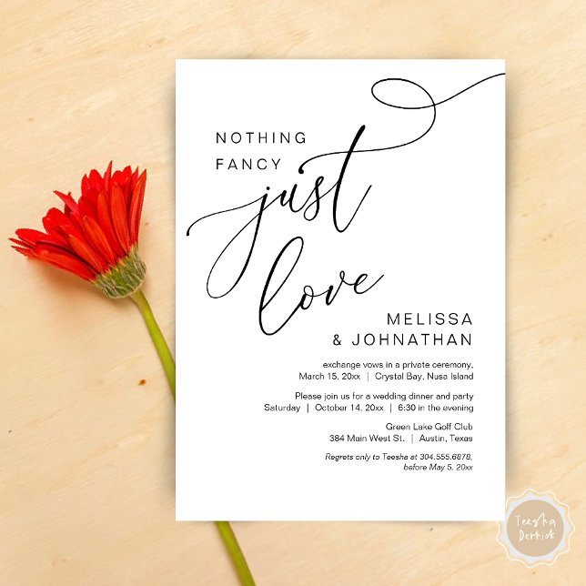 Convite Nada de Rico, apenas amor, Janto romântico de casa (Nothing Fancy, Just Love, Romantic Wedding Elopement Dinner Invitation Card, PDF, in Black and White)