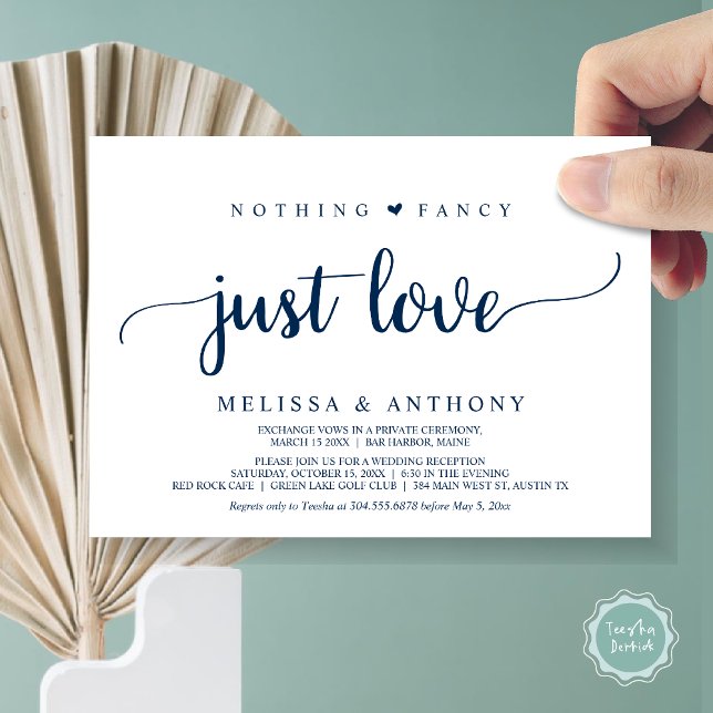 Convite Nada de Rico Apenas amor, Marinho azul, elopeia (Nothing Fancy Just Love, Elopement, Rustic Wedding Invitation Card, in Navy Blue)