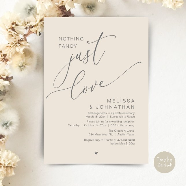 Convite Nada de Rico, apenas amor, Recepção de casamento (Nothing Fancy, Just Love, Wedding Reception Dinner Party Brunch Lunch Invitation Card Cream Grey)