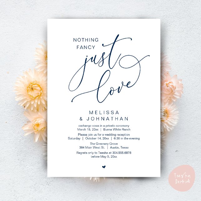 Convite Nada de Rico, apenas amor, Recepção de casamento (Nothing Fancy, Just Love, Wedding Reception Dinner Party Brunch Lunch Invitation Card Navy Blue)