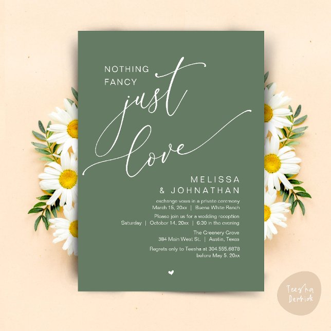 Convite Nada de Rico, apenas amor, Recepção de casamento (Nothing Fancy, Just Love, Wedding Reception Dinner Party Brunch Lunch Invitation Card Sage Green)