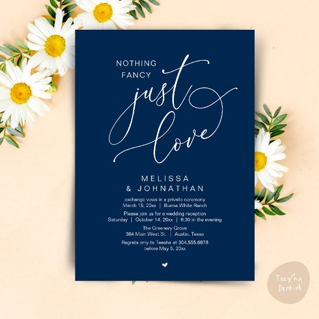 Convite Nada de Rico, apenas amor, Recepção de casamento (Nothing Fancy, Just Love, Wedding Reception Dinner Party Brunch Lunch Invitation Card Navy Blue)