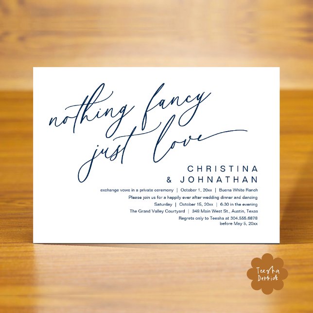 Convite Nada Rico Apenas Adora Festa Jante De Casamento (Nothing Fancy Just Love Modern Romantic Wedding Dinner Party Invitation Card PDF Navy Blue)