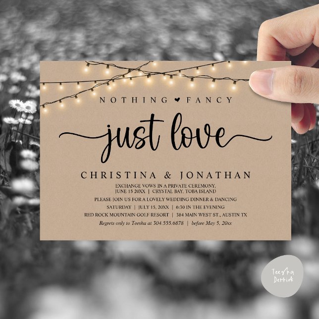 Convite Nada Rico Apenas Amor, Janto Russo De Casamento (Nothing Fancy Just Love, Rustic Wedding Dinner Party Invitation Card, PDF, String Lights Brown Kraft)