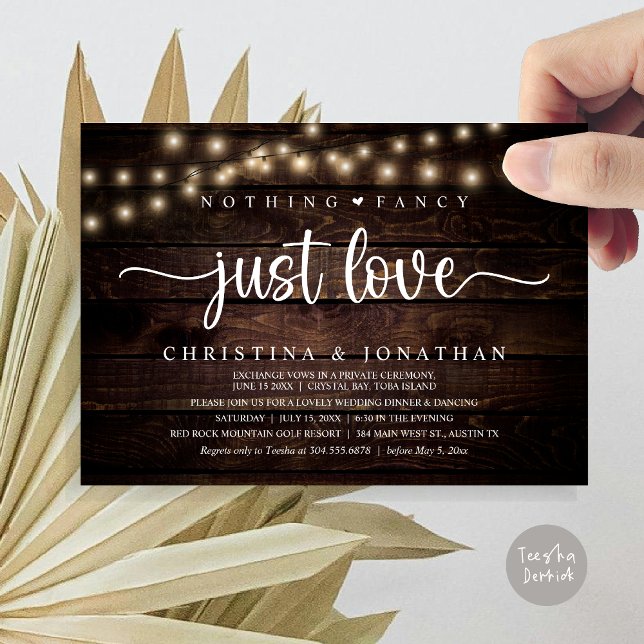 Convite Nada Rico Apenas Amor, Janto Russo De Casamento (Nothing Fancy Just Love, Rustic Wedding Dinner Invitation card, pdf, in cottage dark wood)