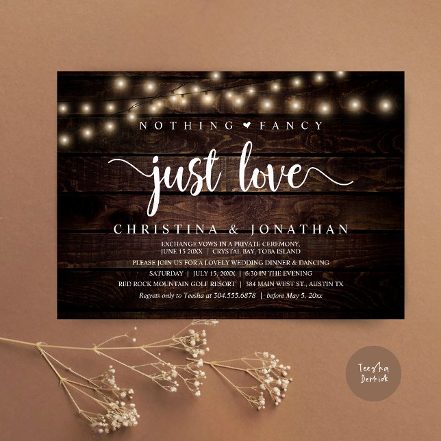 Convite Nada Rico Apenas Amor, Janto Russo De Casamento (Nothing Fancy Just Love, Rustic Wedding Dinner Invitation card, pdf, in cottage dark wood)