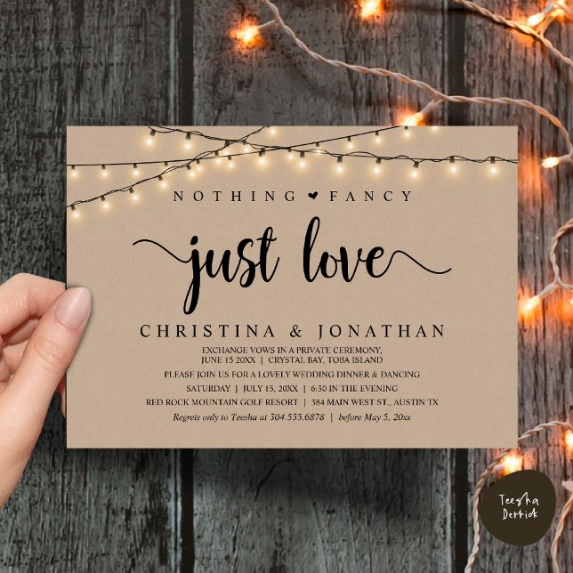 Convite Nada Rico Apenas Amor, Janto Russo De Casamento (Nothing Fancy Just Love, Rustic Wedding Dinner Invitation Card, PDF, String Lights Brown Kraft)