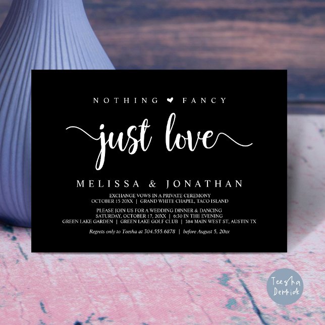 Convite Nada Rico Apenas Amor, Moderno Elopemento De Casam (Nothing Fancy Just Love, Modern Wedding Elopement Invitation Card, Rustic Cottage, PDF, White Black)