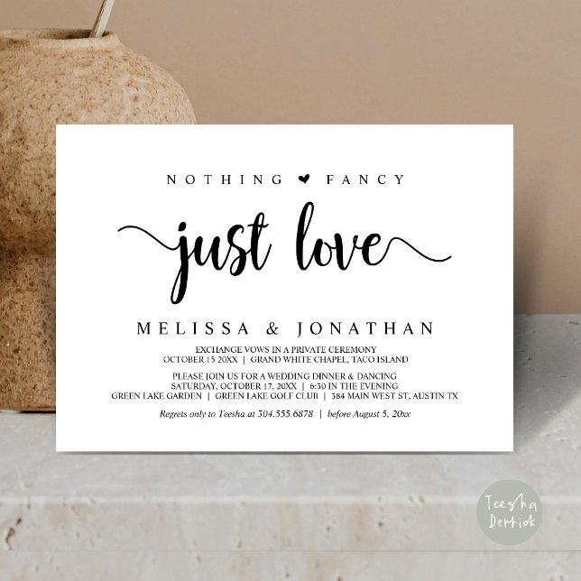 Convite Nada Rico Apenas Amor, Moderno Elopemento De Casam (Nothing Fancy Just Love, Modern Wedding Elopement Invitation Card, Rustic Cottage, PDF, White Black)