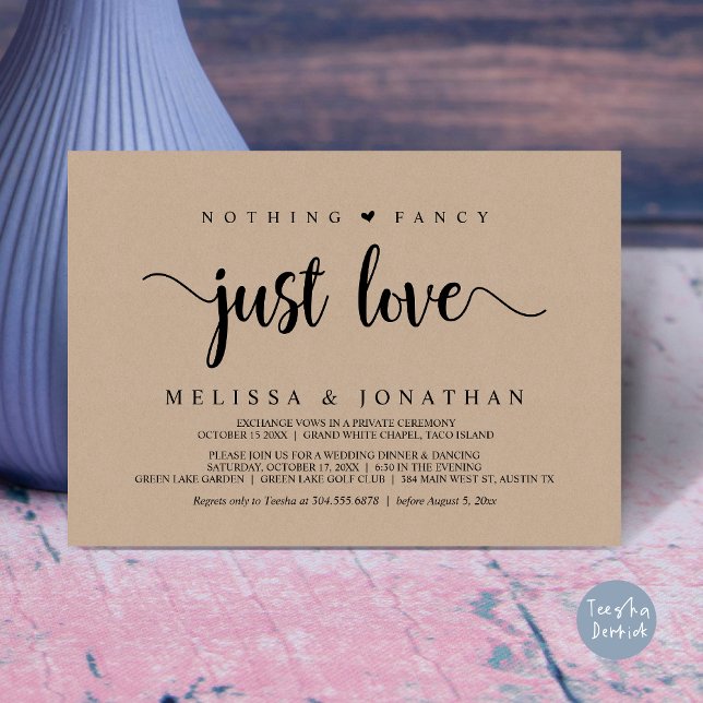 Convite Nada Rico Apenas Amor, Moderno Elopemento De Casam (Nothing Fancy Just Love, Modern Rustic Wedding Elopement Dinner Invitation Card, PDF, Brown Kraft)