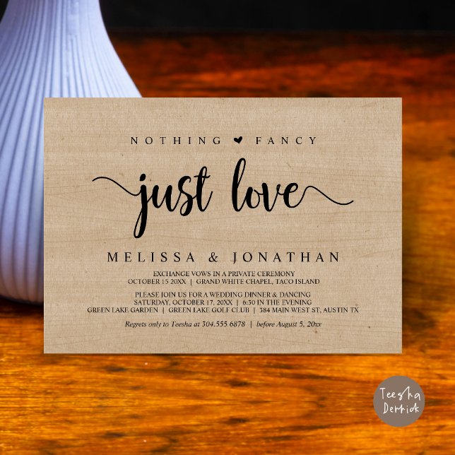 Convite Nada Rico Apenas Amor, Moderno Elopemento De Casam (Nothing Fancy Just Love, Modern Rustic Wedding Elopement Dinner Invitation Card, PDF, Wood Graphic)