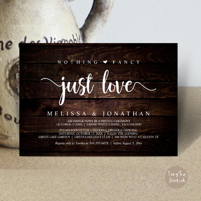 Convite Nada Rico Apenas Amor, Moderno Elopemento De Casam (Nothing Fancy Just Love, Modern Rustic Wedding Elopement Dinner Invitation Card, PDF, Wood Graphic)