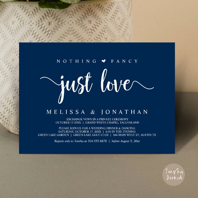 Convite Nada Rico Apenas Amor, Moderno Elopemento De Casam (Nothing Fancy Just Love, Modern Rustic Wedding Elopement Dinner Invitation Card, PDF, Navy Blue)