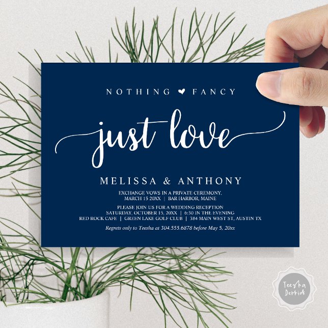 Convite Nada sofisticado, apenas amor, azul marinho, casam (Nothing Fancy Just Love, Elopement, Rustic Wedding Invitation Card, in Navy Blue)