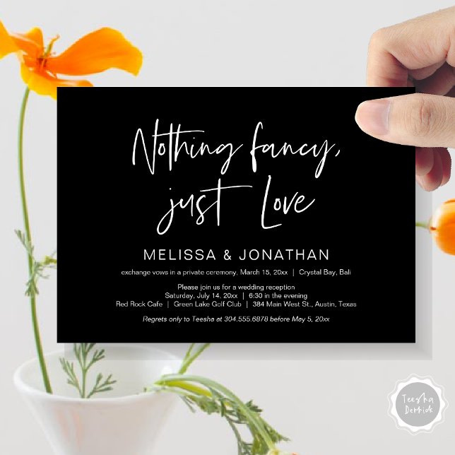 Convite Nada sofisticado, apenas amor, festa de casamento  (Nothing Fancy Just Love, Wedding Elopement Dinner Party Invitation Card, PDF, Modern, Classy Black)