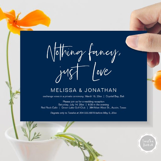 Convite Nada sofisticado, apenas amor, festa de casamento  (Nothing Fancy Just Love, Wedding Elopement Dinner Party Invitation Card, PDF, Modern, Navy Blue)