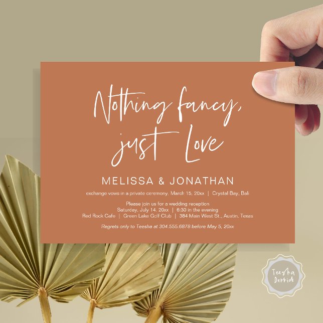 Convite Nada sofisticado, apenas amor, festa de casamento  (Nothing Fancy Just Love, Wedding Elopement Dinner Party Invitation Card, PDF, Earthy, Copper, Rust)
