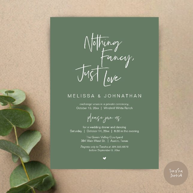 Convite Nada sofisticado, apenas amor, Jantar de Casamento (Nothing Fancy Just Love, Modern Wedding Reception Dinner Lunch Brunch Invites Card in Sage Green)