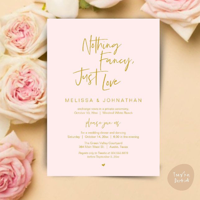 Convite Nada sofisticado, apenas amor, Jantar de Casamento (Nothing Fancy Just Love, Modern Wedding Reception Dinner Lunch Brunch Invites Card Yellow Gold Blush)