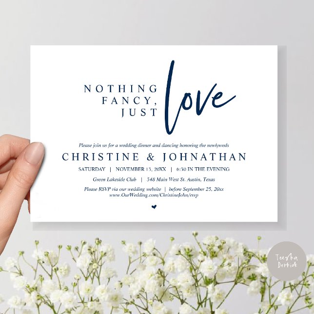 Convite Nada sofisticado, apenas amor, Jantar de Casamento (Nothing Fancy, Just Love, Wedding Elopement Dinner Invitation Card, PDF, in Navy Blue)
