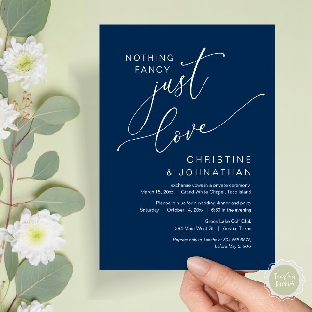 Convite Nada sofisticado, apenas amor, Jantar de Casamento (Nothing Fancy, Just Love, Wedding Elopement Dinner Party Invitation Card, PDF, Navy Blue)