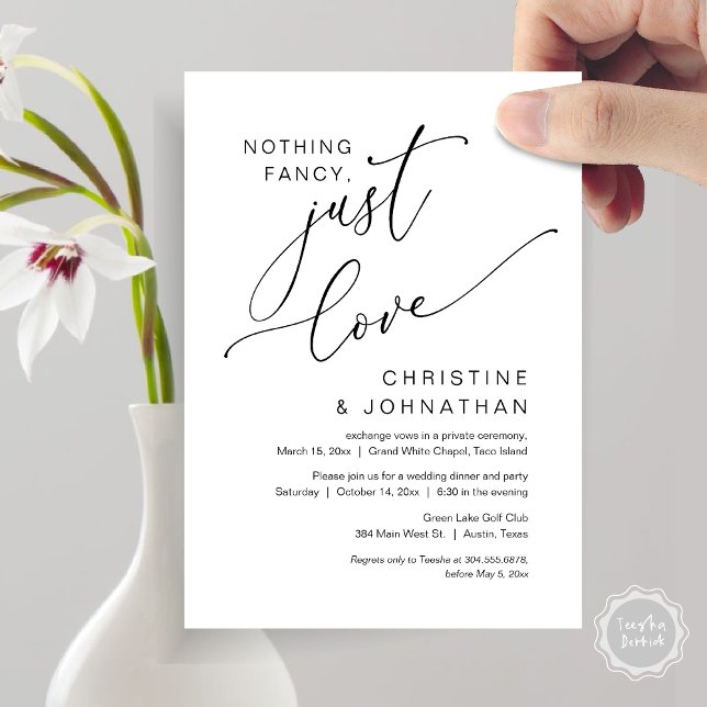 Convite Nada sofisticado, apenas amor, Jantar de Casamento (Nothing Fancy, Just Love, Wedding Elopement Dinner Party Invitation Card, PDF, White Black)