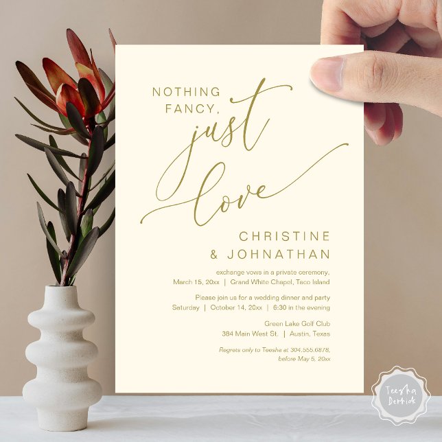 Convite Nada sofisticado, apenas amor, Jantar de Casamento (Nothing Fancy Just Love Wedding Elopement Dinner Party Lunch Brunch Invitation Card PDF, Yellow Gold)