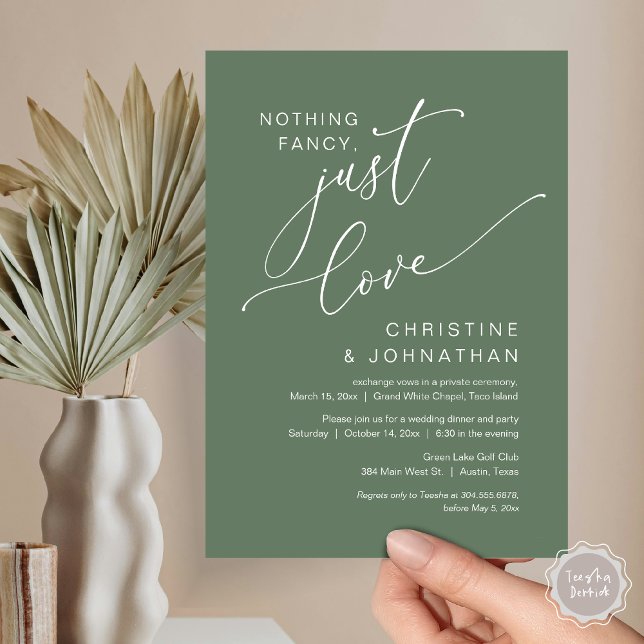 Convite Nada sofisticado, apenas amor, Jantar de Casamento (Nothing Fancy Just Love, Wedding Elopement Dinner Party Invitation Card, PDF, Forest Sage Green)