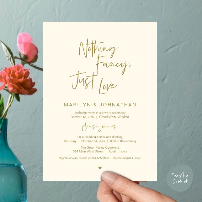 Convite Nada sofisticado, apenas amor, jantar de recepção  (Nothing Fancy Just Love, Modern Reception Dinner Invitation Card in Yellow Gold Ctream)