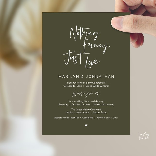 Convite Nada sofisticado, apenas amor, jantar de recepção  (Nothing Fancy Just Love, Modern Reception Dinner Invitation Card in Olive Green)