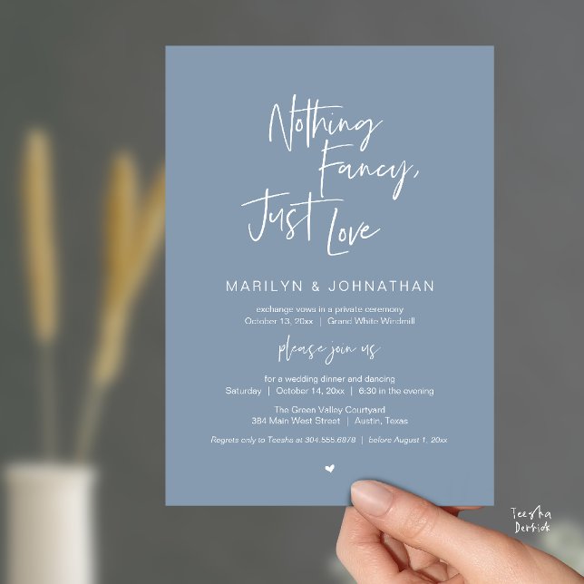 Convite Nada sofisticado, apenas amor, jantar de recepção  (Nothing Fancy Just Love, Modern Reception Dinner Invitation Card in Dusty Blue)