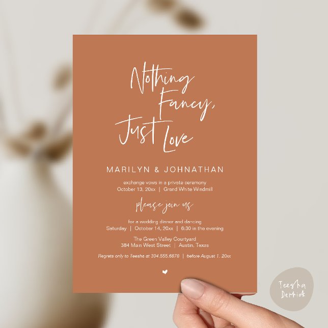 Convite Nada sofisticado, apenas amor, jantar de recepção  (Nothing Fancy Just Love, Modern Reception Dinner Invitation Card in Terracotta Copper Brown)