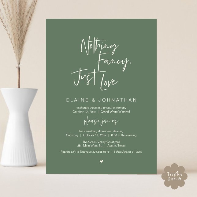 Convite Nada sofisticado, apenas amor Moderno Minimalista  (Nothing Fancy Just Love Modern Minimalist Casual Wedding Dinner Invitation Card in Sage Green)