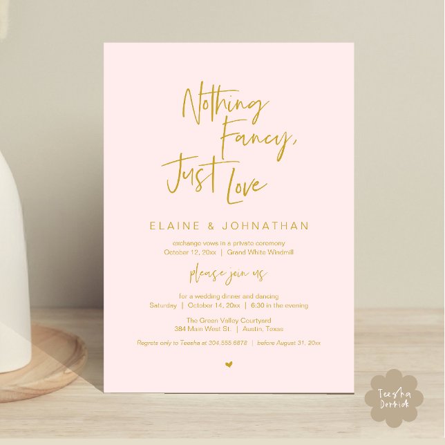 Convite Nada sofisticado, apenas amor Moderno Minimalista  (Nothing Fancy Just Love Modern Minimalist Casual Wedding Dinner Invitation Card in Blush Gold)