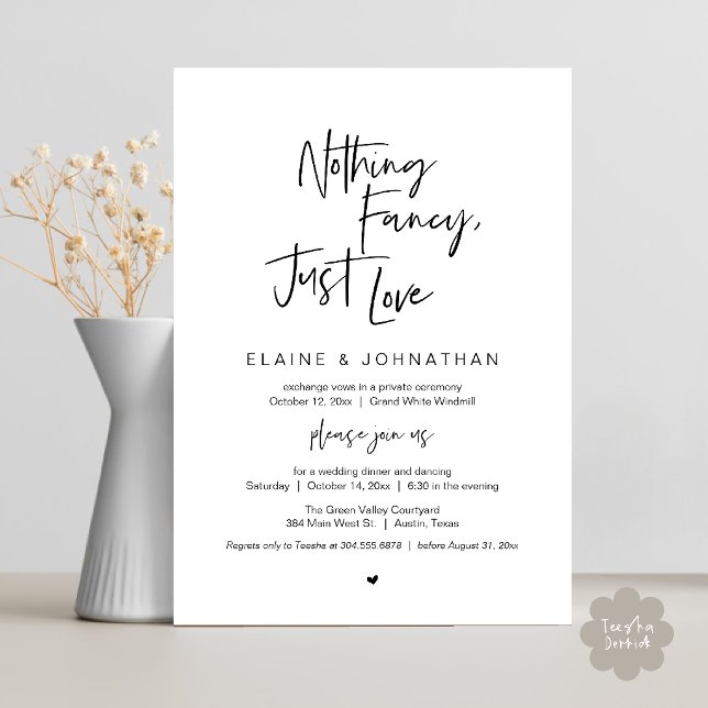 Convite Nada sofisticado, apenas amor Moderno Minimalista  (Nothing Fancy Just Love Modern Minimalist Casual Wedding Dinner Invitation Card in White and Black)