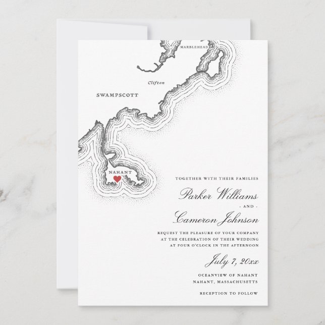 Convite Nahant MÃE Map Elegante Casamento Negro e Branco (Frente)