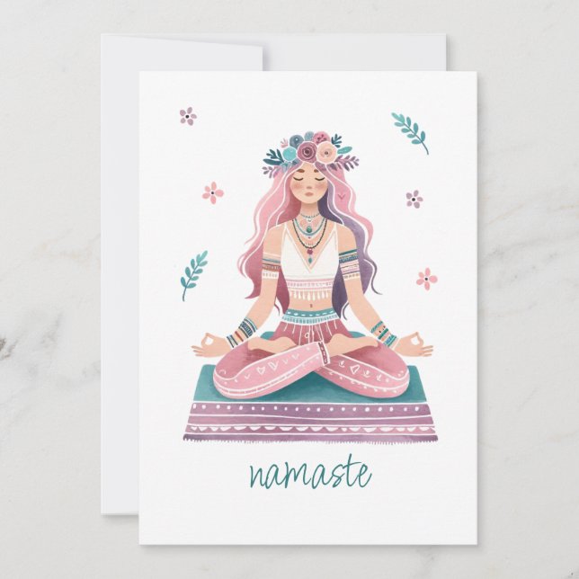 Convite Namaste-meditierende Frau- boho Illustration (Frente)