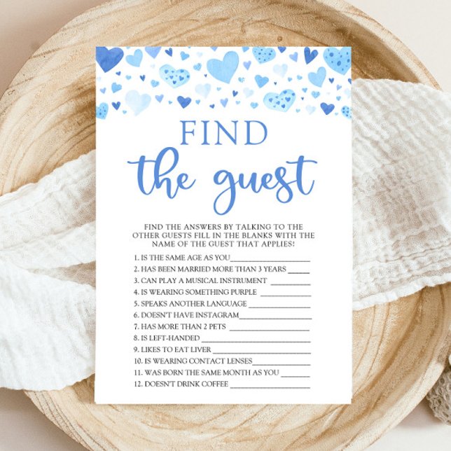 Convite Namorados Azul Encontre O Jogo Do Chá de fraldas C (Watercolor Cute Blue Hearts Valentine Sweetheart February Baby Boy Find The Guest Baby Shower Game)