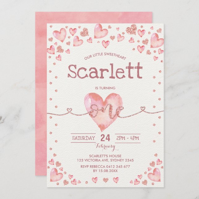 Convite Namorados cor-de-rosa Dourado primeiro aniversario (Frente/Verso)