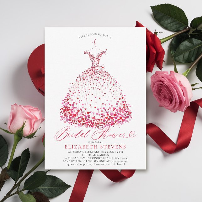 Convite Namorados Coração Vestido Chá de panela Elegante (valentine bridal shower invitations whimsical hearts watercolor elegant dress bow modern minimalist)