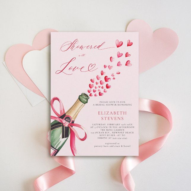 Convite Namorados Corações Polvilhantes Brunch Chá de pane (valentine bridal shower invitation watercolor bubbly hearts bottle showered with love elegant)