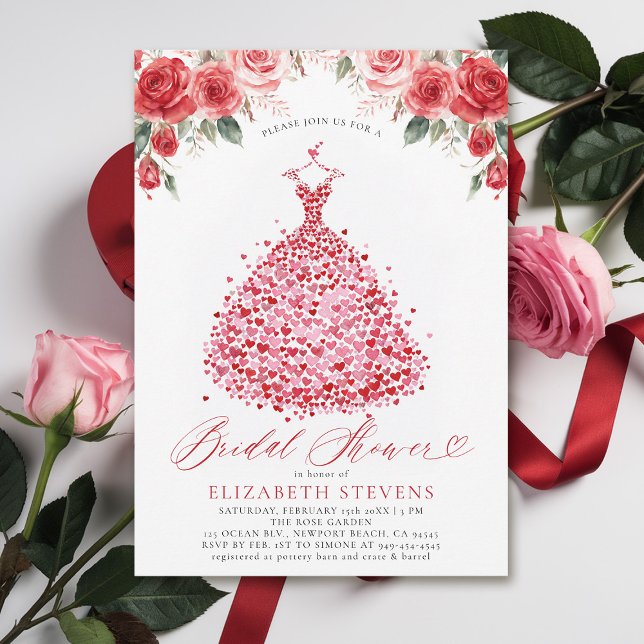 Convite Namorados Corações Rosas vermelhas Chás de panela  (valentine bridal shower invitations whimsical hearts watercolor elegant dress red roses elegant)
