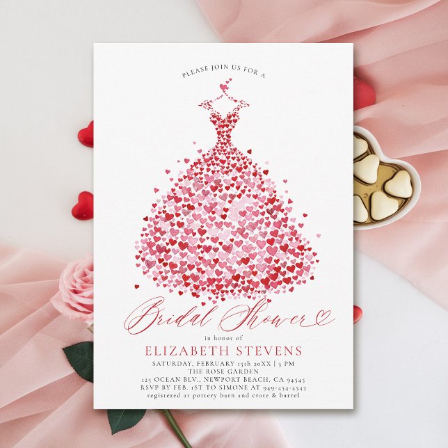 Convite Namorados Corações Vestir Chá de panela Vermelho E (valentine bridal shower invitations whimsical hearts watercolor elegant dress modern minimalist red)