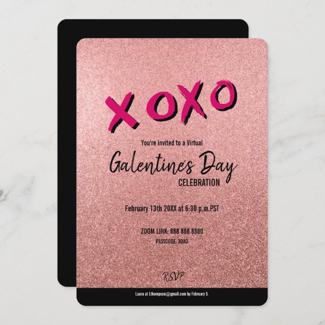 Convite Namorados do Glitter Virtual Galentine Rosa Dourad (Frente/Verso)
