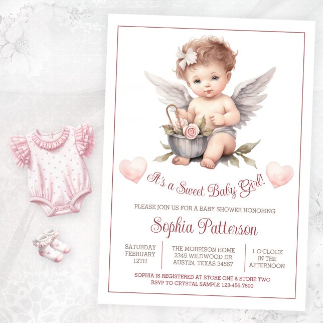 Convite Namorados doce Chá de fraldas de menina (Sweet angel baby shower invitation. Instant download and printed invitations available.)