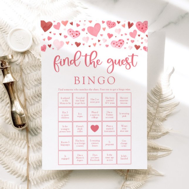 Convite Namorados Encontre o Jogo do Chá de fraldas de Bin (Watercolor Pink Red Hearts Valentine A Little Sweetheart Girl Find the Guest Bingo Baby Shower Game)