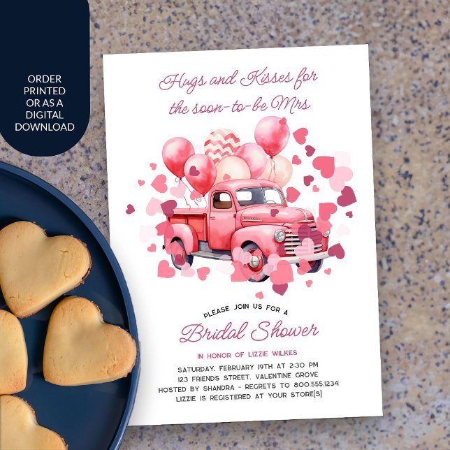 Convite Namorados Rosa Vintage (Valentine Bridal Shower Invitation with pink vintage truck and love hearts)