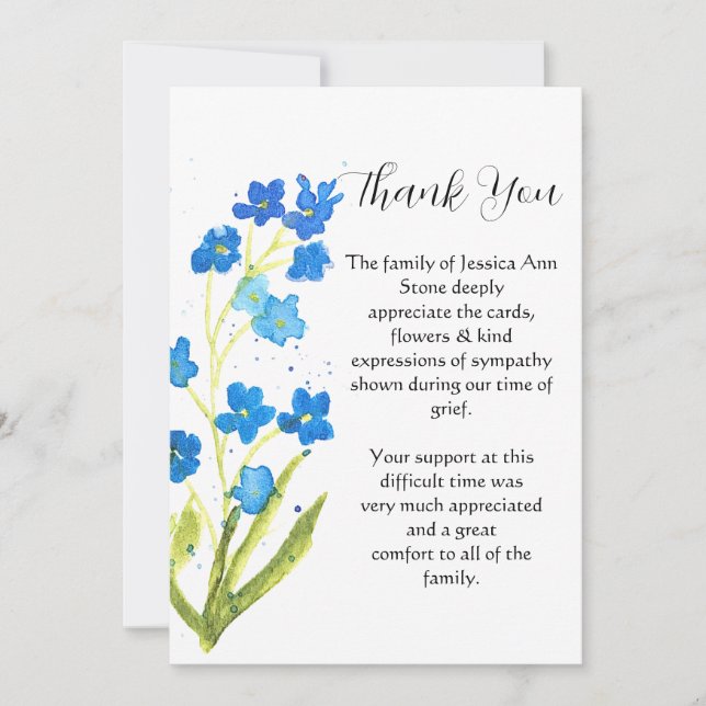 Convite Não me Esqueça Azul Floral Funeral Morte Obrigado  (Frente)